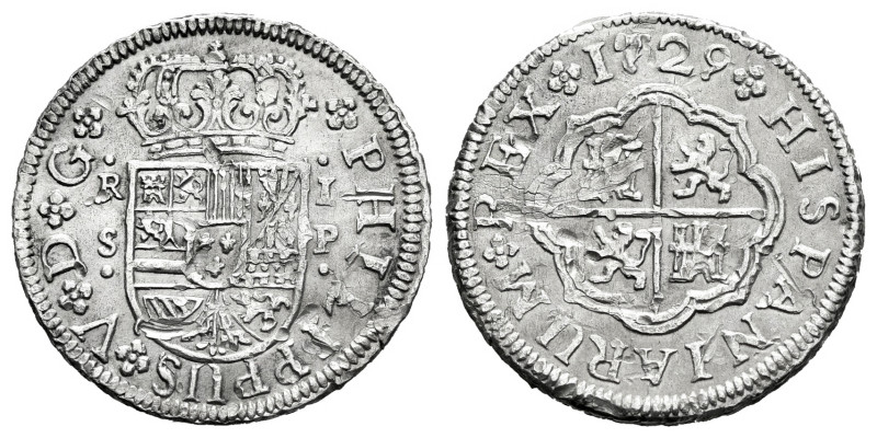 Philip V (1700-1746). 1 real. 1729. Sevilla. P. (Cal-652). Ag. 2,71 g. Scrachtes...