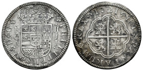 Philip V (1700-1746). 2 reales. 1721. Cuenca. JJ. (Cal-671). Ag. 5,39 g. Small planchet flaw on reverse. Scratch on reverse. VF/Almost VF. Est...60,00...