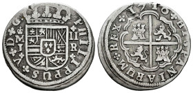 Philip V (1700-1746). 2 reales. 1716. Madrid. J. (Cal-769). Ag. 4,98 g. Planchet flaw on reverse. Scarce. VF/Almost VF. Est...110,00. 

Spanish Desc...
