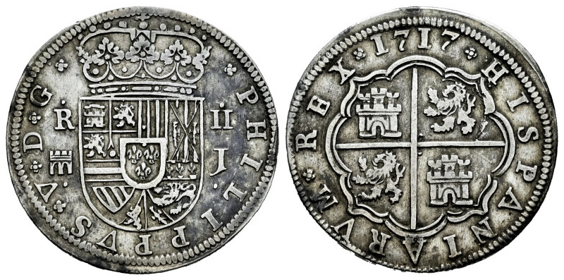 Philip V (1700-1746). 2 reales. 1717. Segovia. J. (Cal-944). Ag. 5,74 g. Aqueduc...