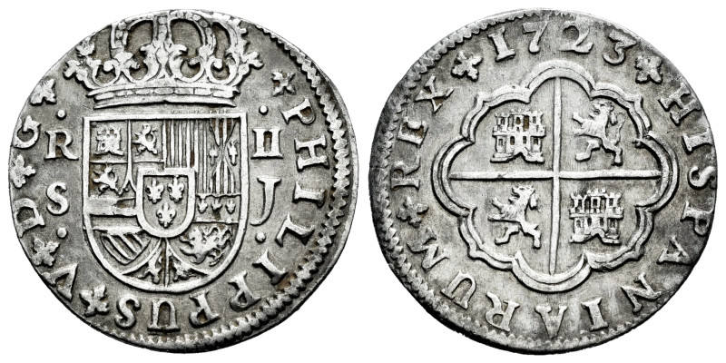 Philip V (1700-1746). 2 reales. 1723. Sevilla. J. (Cal-981). Ag. 4,24 g. VF. Est...