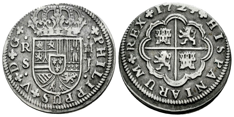 Philip V (1700-1746). 2 reales. 1724. Sevilla. J. (Cal-982). Ag. 5,46 g. Displac...