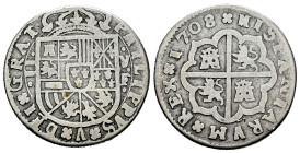 Philip V (1700-1746). 2 reales. 1708. Valencia. F. (Cal-1001). Ag. 5,02 g. Very scarce. Almost VF. Est...120,00. 

Spanish Description: Felipe V (17...