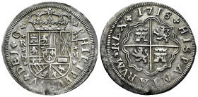 Philip V (1700-1746). 4 reales. 1718. Sevilla. M. (Cal-1222). Ag. 12,48 g. Legend DEI G. Arms of Burgundy and Austria interchanged. Rare. Choice VF. E...