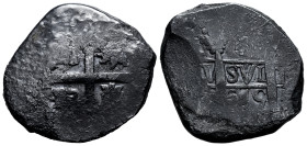 Philip V (1700-1746). 8 reales. 1745. Lima. (V). (Cal-1325). Ag. 24,23 g. Dark patina. Corrosion from salt water immersion. Scarce. Choice F/Almost VF...