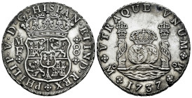 Philip V (1700-1746). 8 reales. 1737. Mexico. MF. (Cal-1446). Ag. 26,77 g. Slightly cleaned. Slight defect on edge. Sharply struck. XF. Est...750,00. ...
