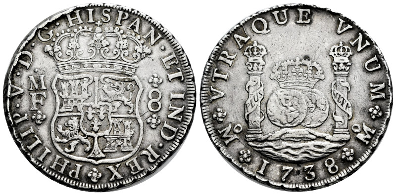 Philip V (1700-1746). 8 reales. 1738. Mexico. MF. (Cal-1449). Ag. 26,82 g. Strik...