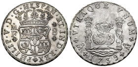 Philip V (1700-1746). 8 reales. 1739. Mexico. MF. (Cal-1453). Ag. 26,70 g. Leves oxidaciones superficiales limpiadas, aun así buen ejemplar. XF. Est.....