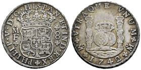 Philip V (1700-1746). 8 reales. 1742. Mexico. MF. (Cal-1461). Ag. 26,61 g. Patina. VF/Almost VF. Est...300,00. 

Spanish Description: Felipe V (1700...