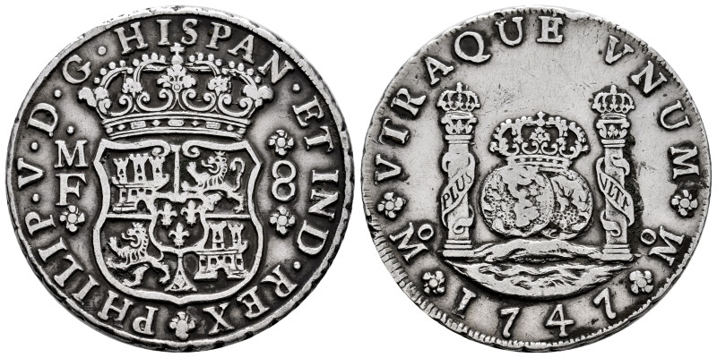 Philip V (1700-1746). 8 reales. 1747. Mexico. MF. (Cal-1742). Ag. 26,83 g. Minor...