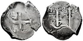 Philip V (1700-1746). 8 reales. 1709. Potosi. Y. (Cal-1545). Ag. 23,90 g. Double date, the one of the legend partially visible. Double assayer. F/Almo...