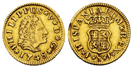 Philip V (1700-1746). 1/2 escudo. 1745. Sevilla. PJ. (Cal-1651). Au. 1,76 g. Third king´s bust. Filing to the edge on reverse. Choice VF. Est...180,00...