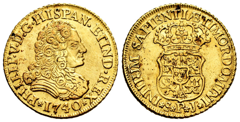 Philip V (1700-1746). 2 escudos. 1740. Sevilla. PJ. (Cal-1993). Au. 6,70 g. With...