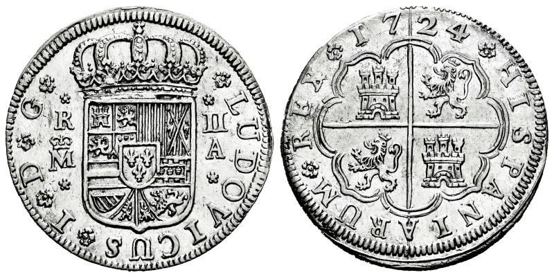 Luis I (1724). 2 reales. 1724. Madrid. A. (Cal-20). Ag. 5,51 g. Light wavy flan....