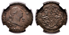 Charles IV (1788-1808). 2 maravedis. 1798. Segovia. (Cal-33). Ae. Rarely encountered this good struck. Slabbed by NGC as MS 62 BN. Est...200,00. 

S...