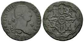 Charles IV (1788-1808). 4 maravedis. 1788. Segovia. (Cal-42). Ae. 5,47 g. Rare. VF/Choice VF. Est...60,00. 

Spanish Description: Carlos IV (1788-18...