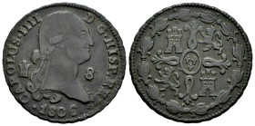 Charles IV (1788-1808). 8 maravedis. 1806. Segovia. (Cal-83). Ae. 11,65 g. Dark patina. VF/Choice VF. Est...60,00. 

Spanish Description: Carlos IV ...