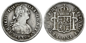 Charles IV (1788-1808). 1 real. 1799. Mexico. FM. (Cal-441). Ag. 3,31 g. VF. Est...60,00. 

Spanish Description: Carlos IV (1788-1808). 1 real. 1799...