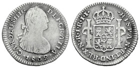 Charles IV (1788-1808). 1 real. 1802. Santa Fe de Nuevo Reino. JJ. (Cal-499). (Restrepo-78-38). Ag. 2,83 g. Rare. F/Choice F. Est...80,00. 

Spanish...