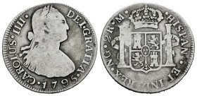 Charles IV (1788-1808). 2 reales. 1795. Guatemala. M. (Cal-553). Ag. 6,41 g. F. Est...50,00. 

Spanish Description: Carlos IV (1788-1808). 2 reales....