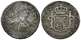 Charles IV (1788-1808). 2 reales. 1801. Lima. IJ. (Cal-584). Ag. 6,46 g. Hairline on obverse. Patina. Scarce in this grade. Almost XF. Est...150,00. ...