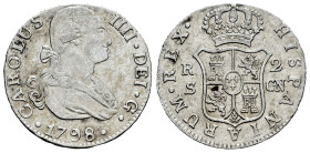 Charles IV (1788-1808). 2 reales. 1798. Sevilla. CN. (Cal-719). Ag. 5,86 g. Almost VF/VF. Est...50,00. 

Spanish Description: Carlos IV (1788-1808)....