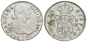 Charles IV (1788-1808). 2 reales. 1805. Sevilla. CN. (Cal-725). Ag. 5,98 g. It retains some luster. VF/Choice VF. Est...50,00. 

Spanish Description...