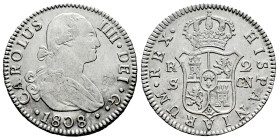 Charles IV (1788-1808). 2 reales. 1808. Sevilla. CN. (Cal-728). Ag. 5,57 g. VF/Choice VF. Est...60,00. 

Spanish Description: Carlos IV (1788-1808)....