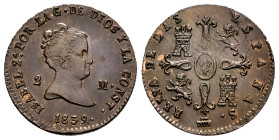 Elizabeth II (1833-1868). 2 maravedis. 1839. Segovia. (Cal-50). Ae. 2,02 g. Almost XF/XF. Est...75,00. 

Spanish Description: Isabel II (1833-1868)....