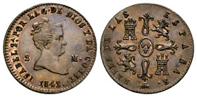 Elizabeth II (1833-1868). 2 maravedis. 1842. Segovia. (Cal-54). Ae. 2,22 g. It retains some minor luster. AU. Est...100,00. 

Spanish Description: I...