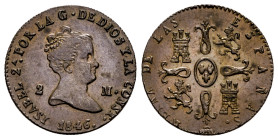 Elizabeth II (1833-1868). 2 maravedis. 1846. Segovia. (Cal-58). Ae. 2,16 g. XF. Est...60,00. 

Spanish Description: Isabel II (1833-1868). 2 maraved...