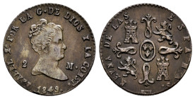 Elizabeth II (1833-1868). 2 maravedis. 1849. Segovia. (Cal-61). Ae. 2,45 g. VF/Choice VF. Est...35,00. 

Spanish Description: Isabel II (1833-1868)....