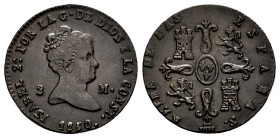 Elizabeth II (1833-1868). 2 maravedis. 1850. Segovia. (Cal-63). Ae. 2,21 g. Almost XF. Est...50,00. 

Spanish Description: Isabel II (1833-1868). 2 ...