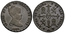Elizabeth II (1833-1868). 8 maravedis. 1836. Segovia. (Cal-122). Au. 11,58 g. Value on reverse. Scarce. Almost VF. Est...50,00. 

Spanish Descriptio...