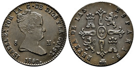 Elizabeth II (1833-1868). 8 maravedis. 1850. Segovia. (Cal-137). Ae. 10,03 g. Scarce. XF/Almost XF. Est...90,00. 

Spanish Description: Isabel II (1...