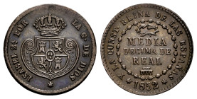 Elizabeth II (1833-1868). 1/2 decima de real. 1852. Segovia. (Cal-139). Ae. 1,95 g. Hairline on obverse. Almost XF. Est...75,00. 

Spanish Descripti...