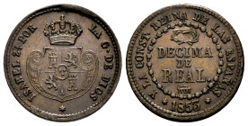 Elizabeth II (1833-1868). Decima de real. 1853. Segovia. (Cal-146). Ae. 3,89 g. Choice VF. Est...50,00. 

Spanish Description: Isabel II (1833-1868)...