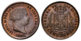 Elizabeth II (1833-1868). 5 centimos de real. 1862. Segovia. (Cal-167). Ae. 1,91 g. AU. Est...90,00. 

Spanish Description: Isabel II (1833-1868). 5...