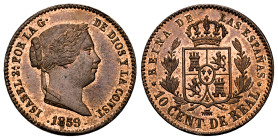 Elizabeth II (1833-1868). 10 centimos de real. 1859. Segovia. (Cal-175). Ae. 3,61 g. Original color and luster. Almost MS. Est...150,00. 

Spanish D...