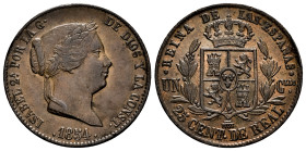Elizabeth II (1833-1868). 25 centimos de real. 1854. Segovia. (Cal-187). Ae. 9,36 g. Minor nicks on edge. Choice VF. Est...60,00. 

Spanish Descript...