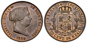 Elizabeth II (1833-1868). 25 centimos de real. 1854. Segovia. (Cal-187). Ae. 9,56 g. With some original luster remaining. Rare in this condition. Very...