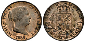 Elizabeth II (1833-1868). 25 centimos de real. 1855. Segovia. (Cal-188). Ae. 9,40 g. Slight rust. It retains some minor luster. XF/AU. Est...100,00. ...