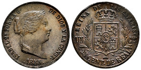 Elizabeth II (1833-1868). 25 centimos de real. 1855/4. Segovia. OM. (Cal-188 var). Ae. 9,23 g. Overdate. AU. Est...60,00. 

Spanish Description: Isa...