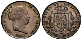 Elizabeth II (1833-1868). 25 centimos de real. 1858. Segovia. (Cal-191). Ae. 9,13 g. Almost XF. Est...70,00. 

Spanish Description: Isabel II (1833-...