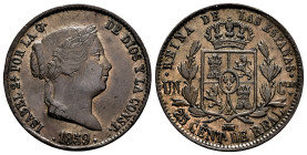 Elizabeth II (1833-1868). 25 centimos de real. 1859. Segovia. (Cal-192). Ae. 9,53 g. Minor nick on edge. VF. Est...50,00. 

Spanish Description: Isa...