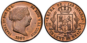 Elizabeth II (1833-1868). 25 centimos de real. 1862. Segovia. (Cal-195). Ae. Original luster. Very rare in this condition. Slabbed by NGC as MS 64 BN....