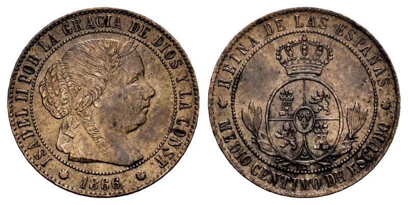 Elizabeth II (1833-1868). 1/2 centimo de escudo. 1866. Barcelona. OM. (Cal-199)....