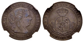 Elizabeth II (1833-1868). 1/2 centimo de escudo. 1866. Segovia. OM. (Cal-208). Ae. Slabbed by NGC as AU 53 BN. NGC-AU. Est...50,00. 

Spanish Descri...