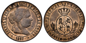 Elizabeth II (1833-1868). 2 1/2 centimos de escudo. 1867. Segarra de Gaia. OM. (Cal-240). Ae. 6,29 g. It retains some minor luster. AU. Est...90,00. ...