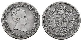 Elizabeth II (1833-1868). 1 real. 1838. Madrid. DG (Departamento de Grabado). (Cal-291). Ag. 1,55 g. Rare. Choice F/Almost VF. Est...300,00. 

Spani...